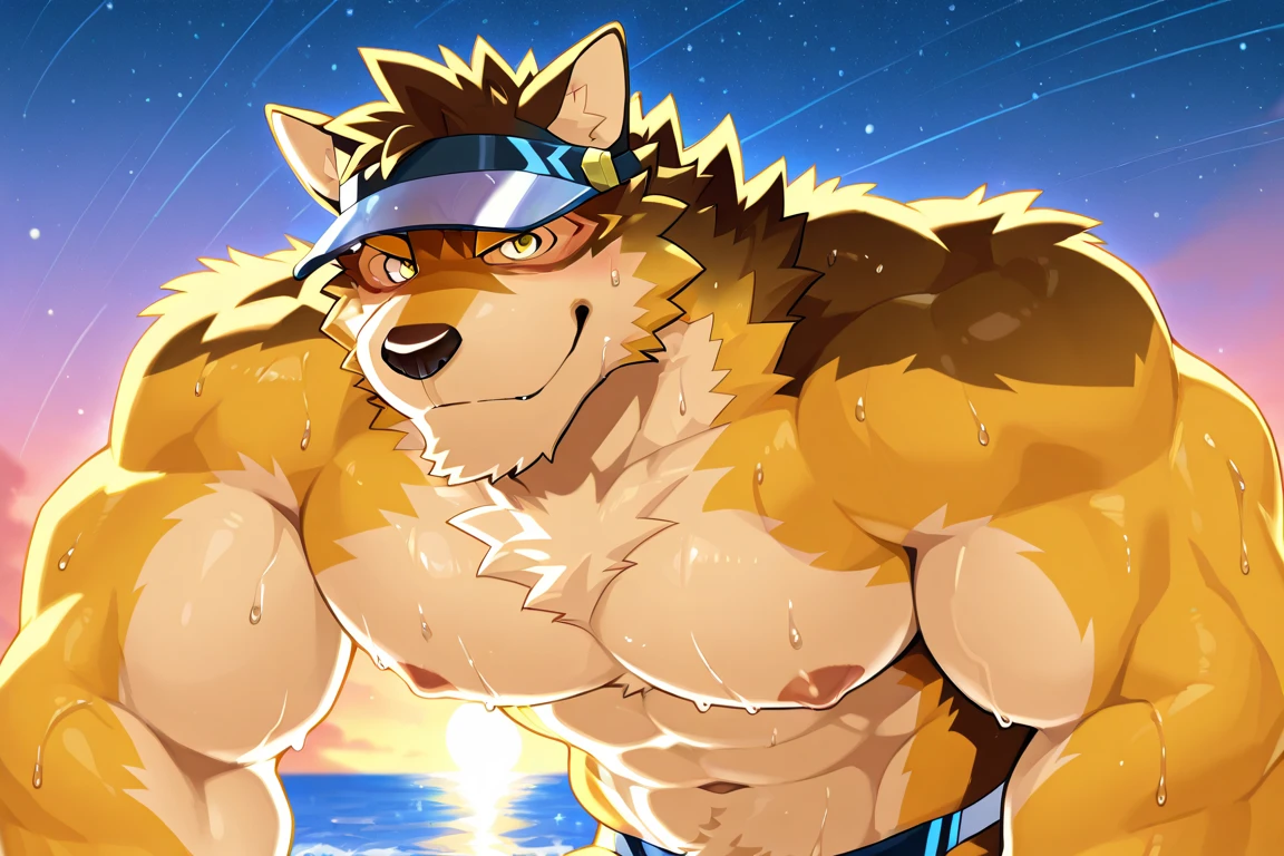 Best quality, Super detailed illustration, (furry wolf boy:1.4), masculine face and body, disheveled thick white hair, dark brown fur, two-tone fur, strong six pack abs, shirtless, red pants, smug smile, half-closed eyes, against the background of the harbor, male, small waist, wide hips, slim, perfect body, style "DND"