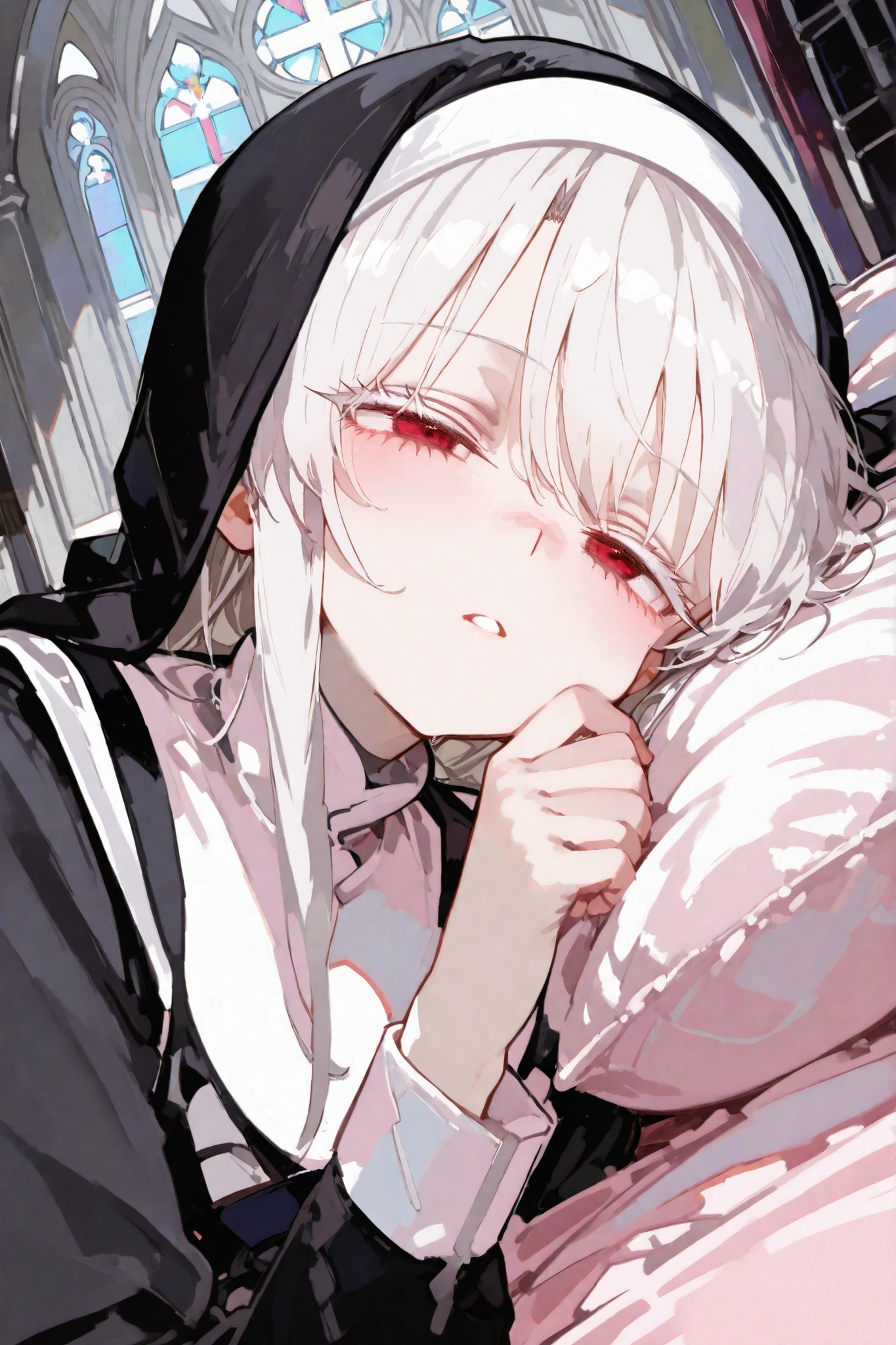White-haired, red-eyed nun lying on her side, charming, lying on a white bed, refining her face, white lashes, background, church color, filter, pink and tender