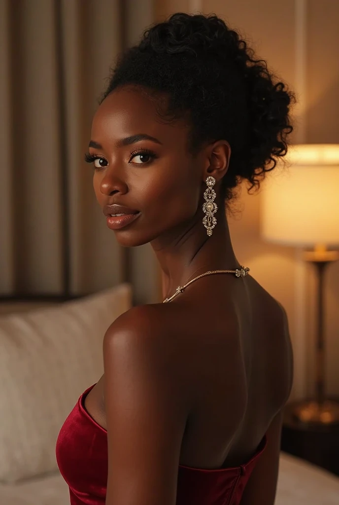 Picture an elegant Afroed woman standing confidently in front of a neon sign that reads "Hot Pot Gold." The image captures the early 2020s style and features a full-body shot of the woman, who is approximately 25 years old. The heavenly background is filled with soft, pastel colors. She is casually dressed, exuding an air of African domme mistress allure. This is an outfit photo that serves as her profile image. Execute this vision in a retro-inspired photography style, using a vintage film camera with a 50mm prime lens, capturing the essence of the era. --ar 16:9 --v 5