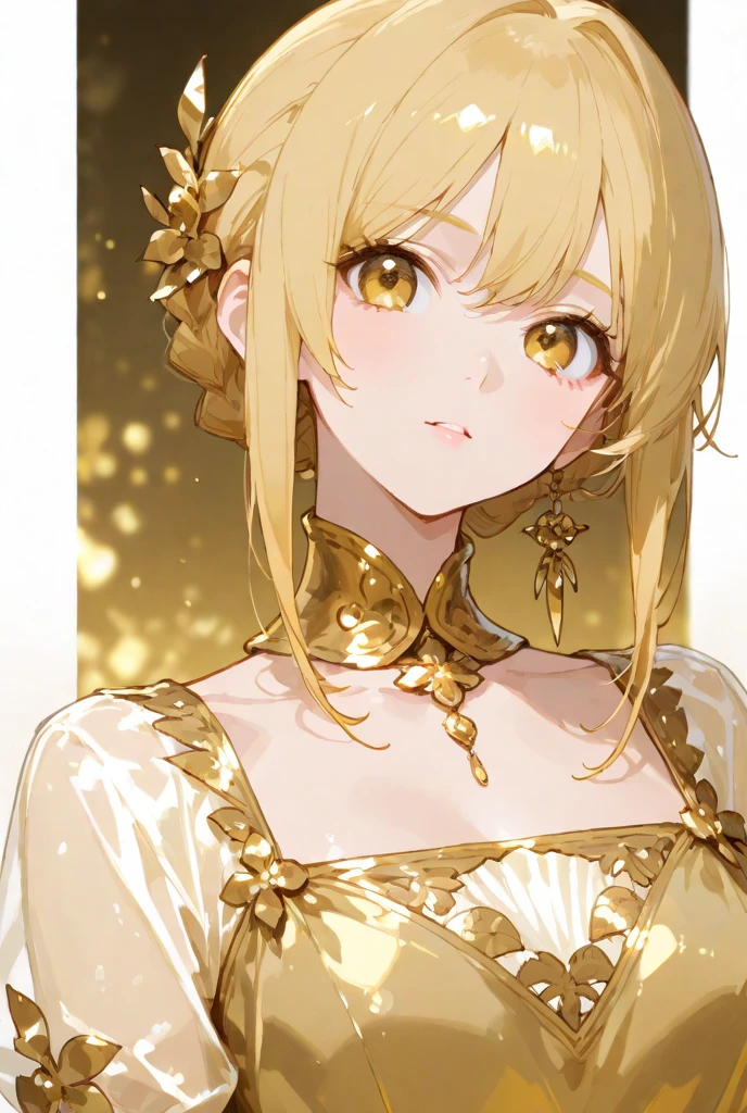 (Highest quality, 8k, 32K, masterpiece, Ultra-high resolution,:1.2),to be born, One Girl,So cute , hair ornaments, eye,Multicolored Hair,Upper Body,Blonde,dress, collar, 金色のeye, 金色のeye,bangs, Blonde,Medium Hair,An innocent smile, A fantasy background reminiscent of an electronic world, Large Breasts