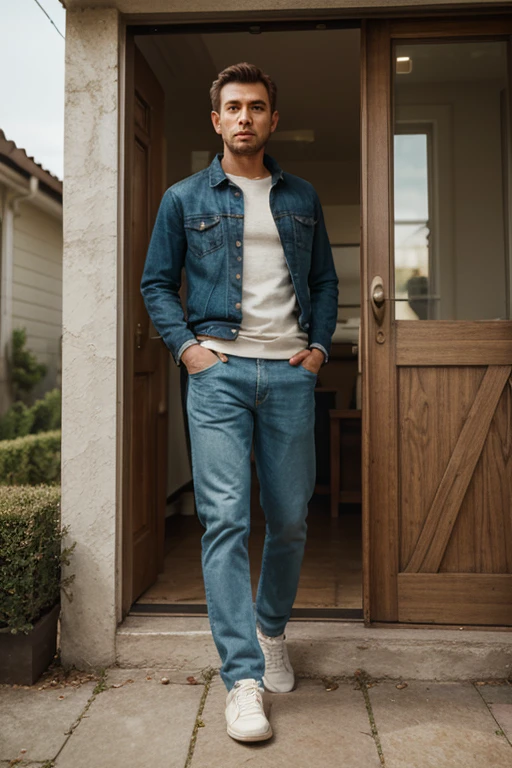 create a boy with curly and light hair, unshaven beard, in black shirt, jeans and boots