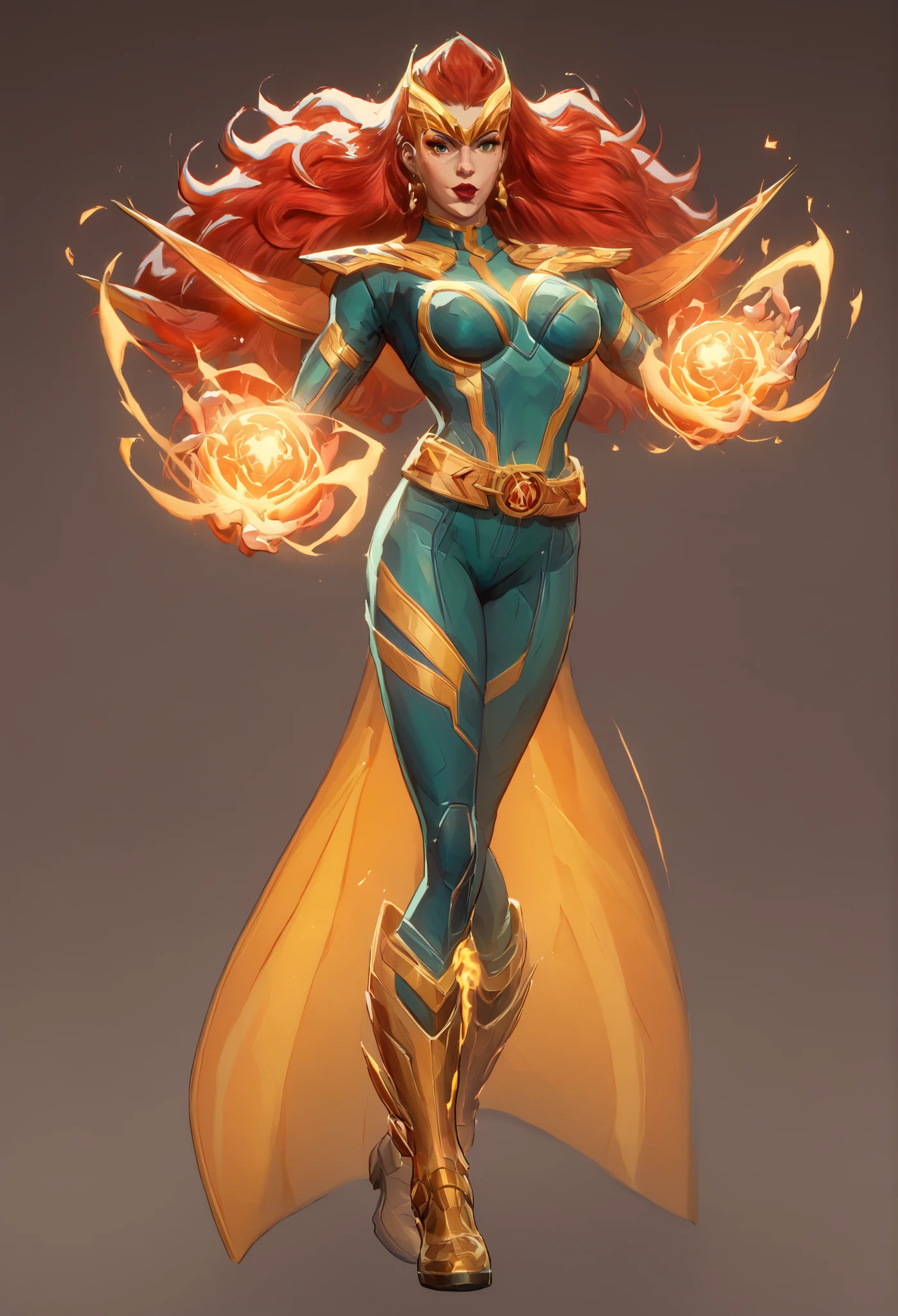 Imagining Jean Grey's appearance and costume for a Marvel Rivals video game, we could envision a modernized version of her classic look.
### Appearance:
- **Hair:** Long, flowing red hair, possibly with a slight wave to give it a dynamic feel during gameplay.
- **Facial Features:** A strong yet approachable expression, with a hint of her psychic power reflected in her eyes.
### Costume:
- **Main Color Scheme:** A vibrant green bodysuit, accentuated with gold accents that symbolize her connection to the Phoenix Force.
- **Design Details:** The bodysuit could feature sleek, aerodynamic lines that enhance her agility, with a high collar and cut-out sections for a more contemporary look.
- **Accessories:** Flowing gold ribbons that trail behind her, representing her telekinetic abilities. Perhaps a golden belt with a stylized "X" emblem at the center.
- **Footwear:** Stylish, form-fitting boots that match her bodysuit, designed for movement and combat.
- **Powers Visual:** Subtle glowing effects around her hands and eyes when she uses her psychic powers, adding an extra layer of visual flair.
This design would blend classic elements with a fresh, modern twist, perfect for a competitive gaming environment!