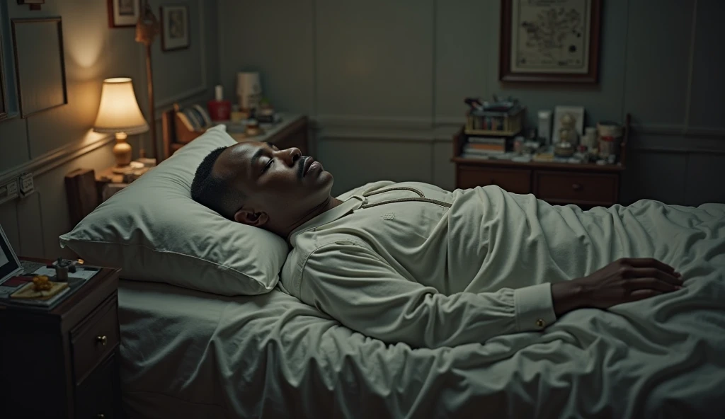 a dark man ,a little chubby, with shaved hair, Waking up in his bed early in the morning