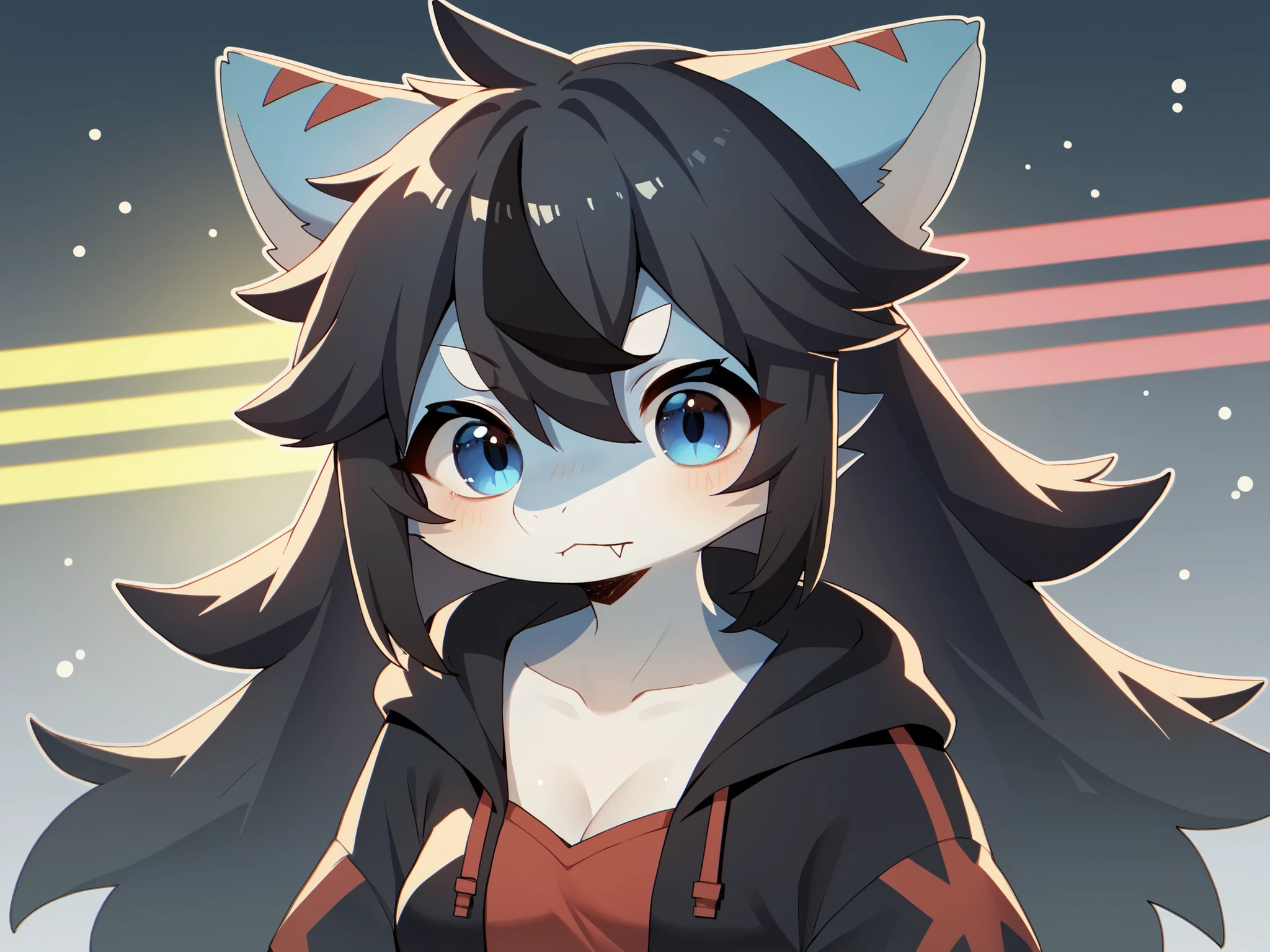 raccoon girl, solo, furry,furry female, michiru_kagemori, blue hair,short hair, multicolored eyes, animal nose,triangle shaped nose, animal ears, (tail), [bushy tail:0.7], two tone skin, brown colored hands, david \(cyberpunk\), jacket, upper body, big breasts, smile, n