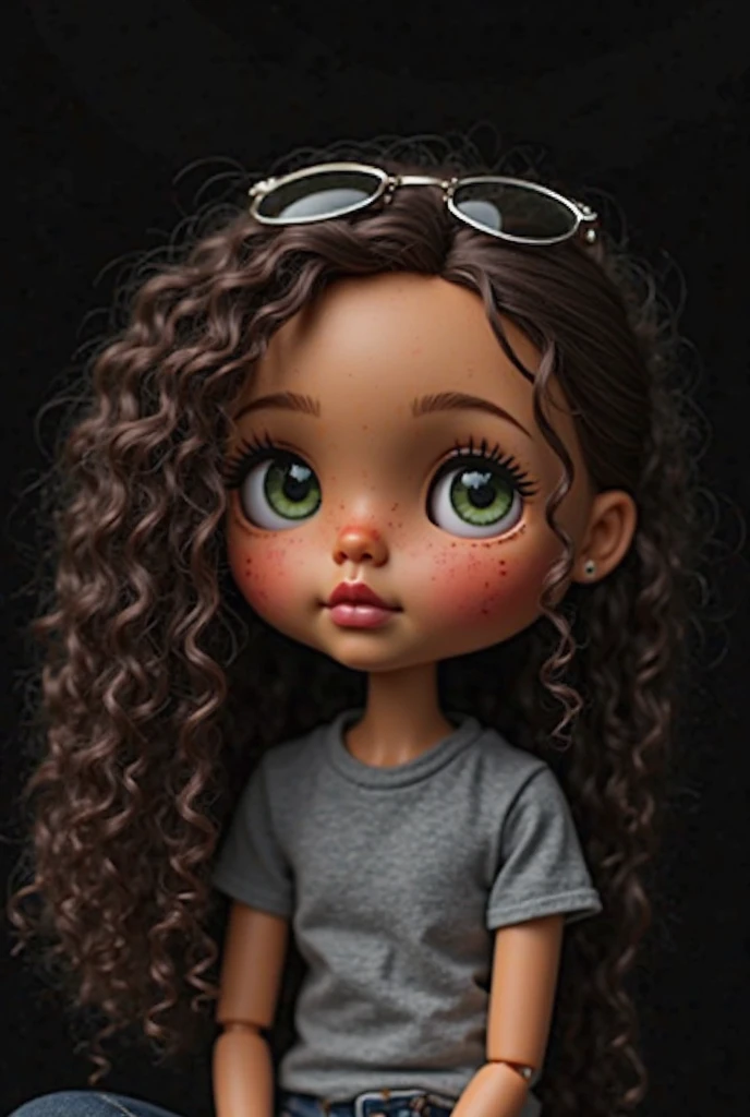 one Blythe doll dark hair, light skin, curly hair without volume