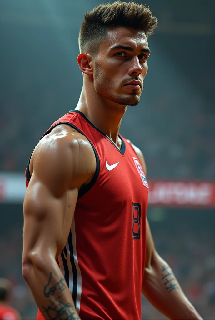 A skinny high school football player with a six-pack.