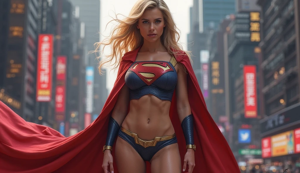 Award-winner photo, magazine shot of a woman body set medium breasts, cute face, sexual posing, ripped unbuttoned Supergirl costume dress, torn clothes, bellybutton, scratches, at the street of a ruined megapolis, post apocalyptic world, distopya, fallout, biohazard, cozy, sunset, dramatic light, warm light, rim light, hbo channel, Netflix movie