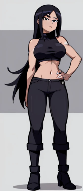 A girl with a big chest, firm black hair, long squares, purple eyes, a medium-sized rectangle, wears a metallic gray blouse with buttons, shows a navel, and her long light gray pants, adulthood, gold pocket, pants. 