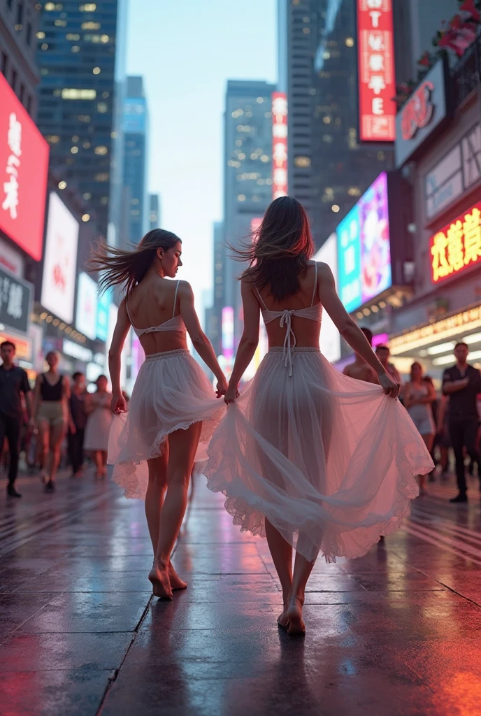 two women dancing in the dark with the city in the background