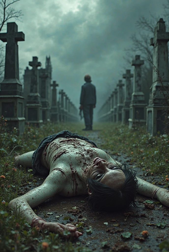 In a graveyard in front of a tombstone, a decomposing beautiful nude woman crawls out of the grave, Crawling on ground towards the viewer. A spectral being draped in flowing iridescent mists. Zombie bride, round breasts,nipples,; lightning,thunder storm, fog, full blood moon,; comic art style, dramatic lighting, moody, angry stare towards viewer, arching her back, raising her butt