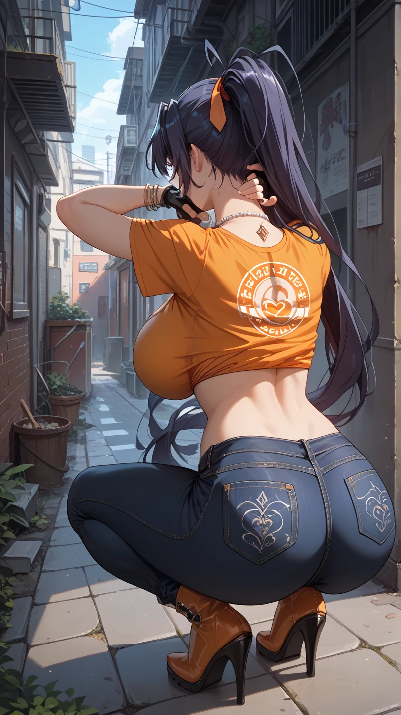 (Hinata Hyuuga, muito sensual, com roupas apertadas, bunda grande, pernas grossas, Vestindo jeans extremamente apertado, usando uma mini blusa, umbigo com pirsing, cabelo grande, Speaker behind, muito realista, extremamente sexy, 8k, 8k extremamente detalhado), (um extremamente delicado e bonito), (obra-prima), (melhor qualidade: 1.0), (Ultra-alta:1.0)