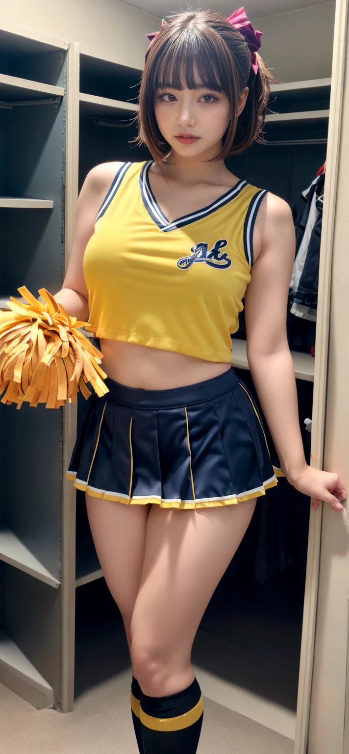 masterpiece, best quality, illustration, Super detailed, fine details, High resolution, 8K,wall paper, perfect dynamic composition,(Details High quality, realistic depiction of eyes:1.3), short hair, (wavy hair:1.2), (cheer girl:1.5),(a miniskirt), pony tail hair, huge breasts, black hair color, Big Natural Color Lip, bold sexy pose, crying a little、Harajuku style、20 year old girl、cute type、lolita、beautiful legs, hotel room, full body photo、focus on crotch, hposing Gravure Idol, Sexy shot looking at camera, Sunset, by the window, Summer, knee sox, make up, Curve