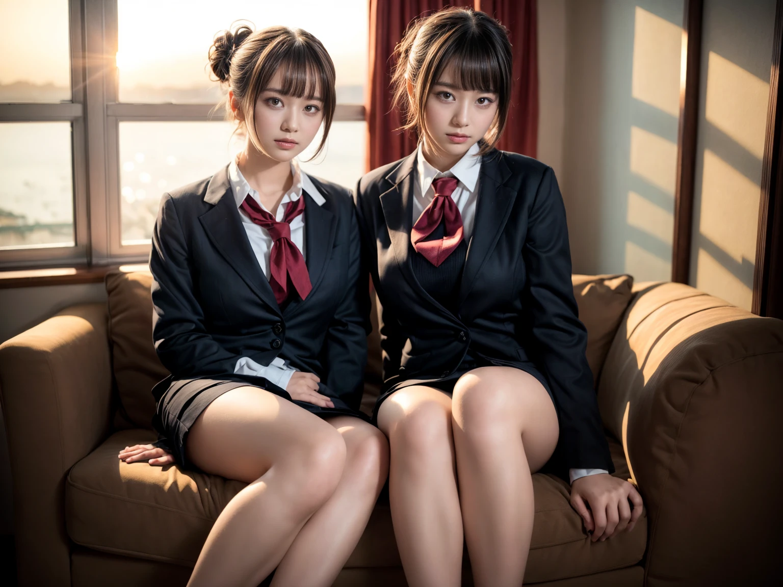 8K, RAW portrait of (japanese woman),masterpiece、Photoreal:1.3、realistic, ultra high resolution, highest quality, real life photos ,( When evening comes :1.1),
((((2 girls:1.5)))), (((Two girls showing off their panties in the room)))、(cute face:1.3)、日本の2 girls,((Two Japan high school girls))、((2 real high school girls))、((Japan High School Uniforms:1.6))、 long hair,,slender body,、in the room、
big beautiful detailed eyes, black hair,(written boundary depth:1.3)、 ((dark brown eyes:1.2))、(real skin texture:1.3)、(Immersive atmosphere:0.8、chiaroscuro:1.2) 、(look viewer:1.3)、((embarrassing))、((red cheeks:1.3))、((from belowの天井:1.2))、(smile:1.2)、((wearing very small silk panties))、((Panty shot))、((Woman rolling up her skirt))、((from below:1.15))、((panties close up:1.32))、((panty shot))、the most beautiful woman in the world、The most beautiful woman in the world、((spread legs to the side:1.4))