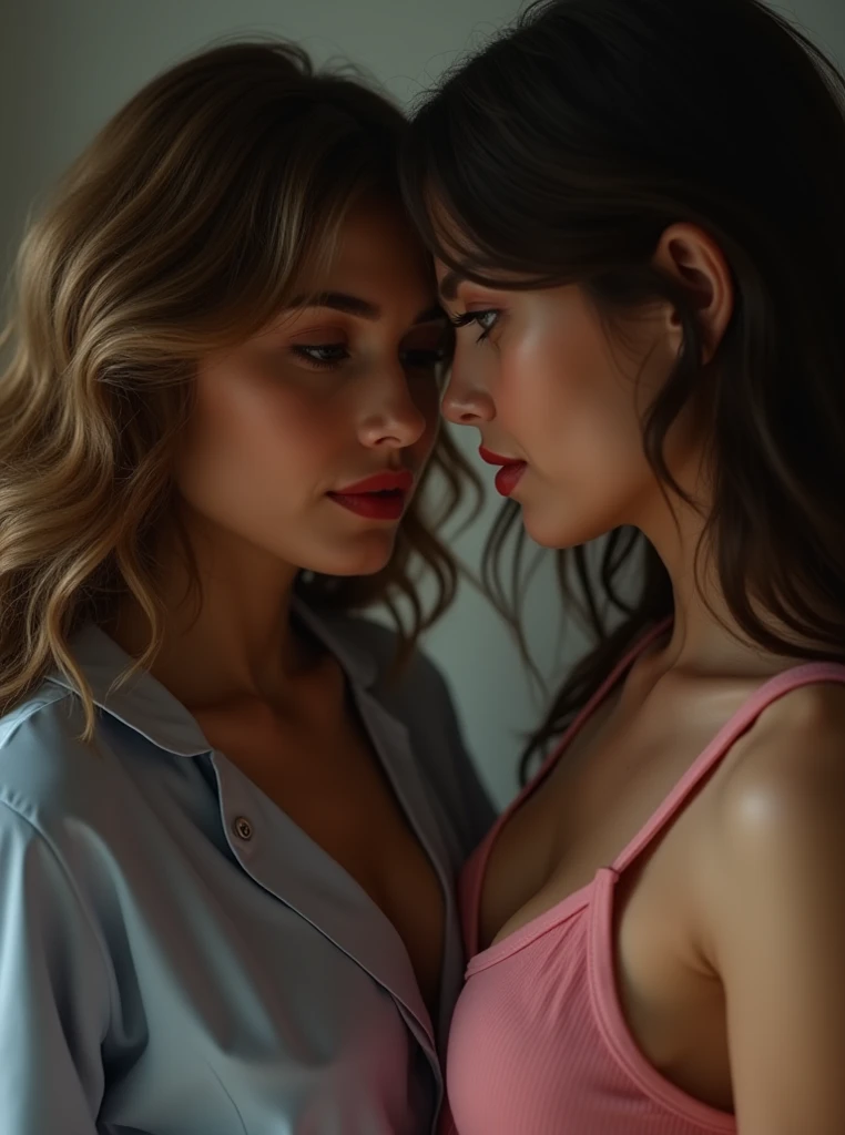 Create a deeply realistic upper body portrait of a woman, ((2heads)), conjoined dicephalus,embracing imperfections in her skin and hair. Zoom in to showcase intricate details. Capture the complexity of her eyes with well-defined irises, conveying depth and emotion. Depict a natural, imperfect texture in her hair, emphasizing flyaways and individual strands. They are wearing shirt, which is keeping them close. They are side-eyeing each other, facing away from each other.Pay careful attention to the interplay of light and shadow, adding a three-dimensional quality to the portrait. This upper body composition should evoke a sense of genuine beauty in imperfection, striking a balance between realism and artistry,25 years old