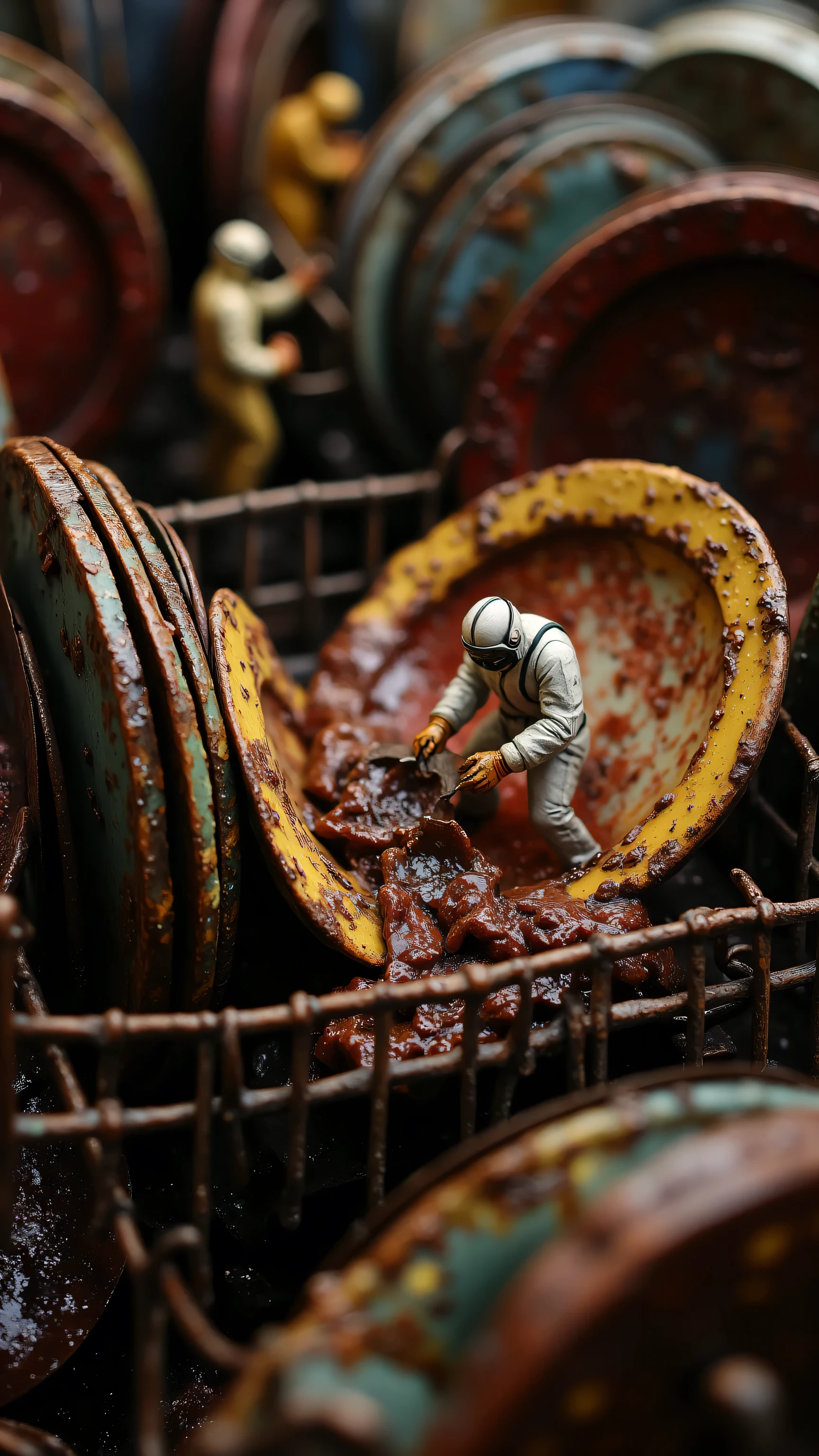 Macro shot inside a miniature world's disgustingly dirty dishwasher - crusted plates tower like a garbage fortress, covered in rotting food scraps with vibrant mold colors. Tiny cleaning crews in decontamination suits wage war: scrubbing hardened stains with toothbrush-sized tools, chipping away at fossilized grease with micro spatulas, pushing matchbox-sized trash carts. Hyper-detailed 8K, cinematic sulfur-yellow lighting, visible stench vapor, Sony 90mm macro lens realism.