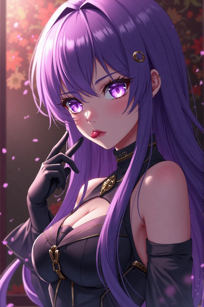 young woman, dark skin color, pigtails, purple hair, Pink highlight in her hair, Purple eyes, dark purple formal dress, gold accessories, angry, crown on her head