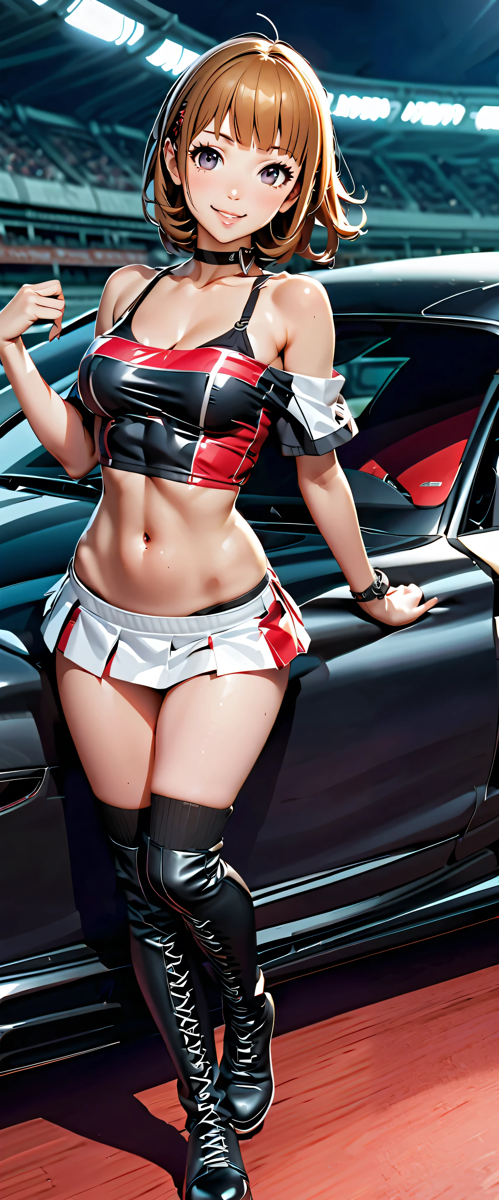 best quality, super high resolution, One person, small breasts, black choker, smile, exposes shoulders, focus only , Viewers,Fair skin,car race track,photon mapping, Physically Based Rendering, RAW photos , very detailed background, K-pop Idol ,depth of field,hair ornament,detailed face,radiant skin, game cg,full body, shiny micro mini skirt ,shiny micro tube top,shiny knee-high long boots,race queen,Big Breasts,cute pose,tall and low sports cars,Hold a short-sleeved jacket in your hand,gross lips