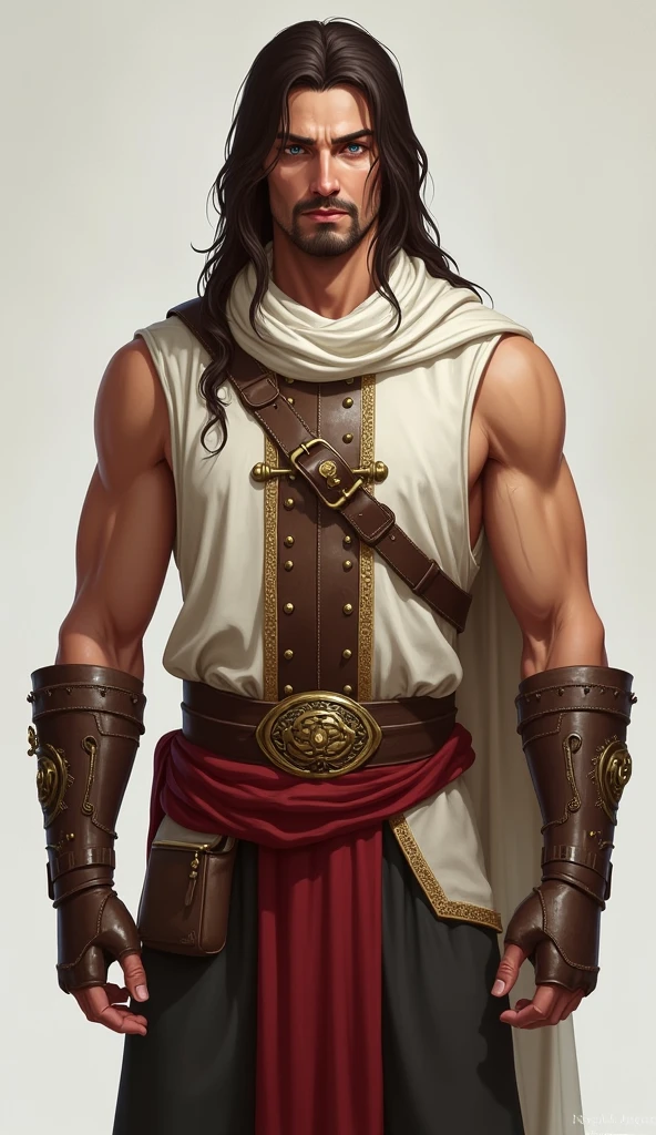 Handsome Brazilian  man. Hero outfit. Brown Color outfit. Logo in outfit: souls .with hood and cape. No top. Lean bulk. He has self trust issues. He's more in skinny side