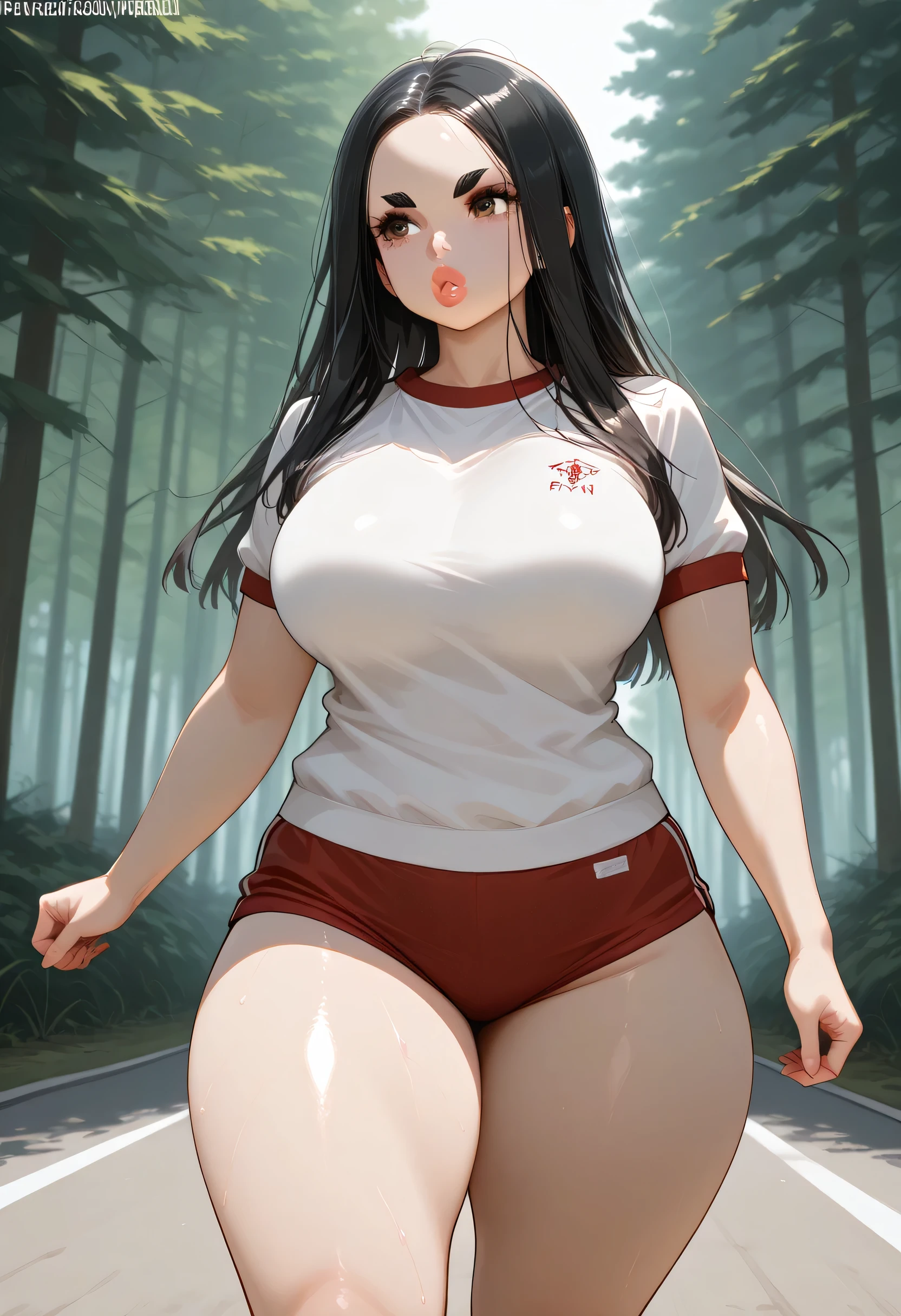 perfect body, woman, ((run)), black hair, long hair, black thin eyebrows, brown eyes, lips, big lips, large breasts, gym clothes, (standing, thick thighs:1.2), road, forest