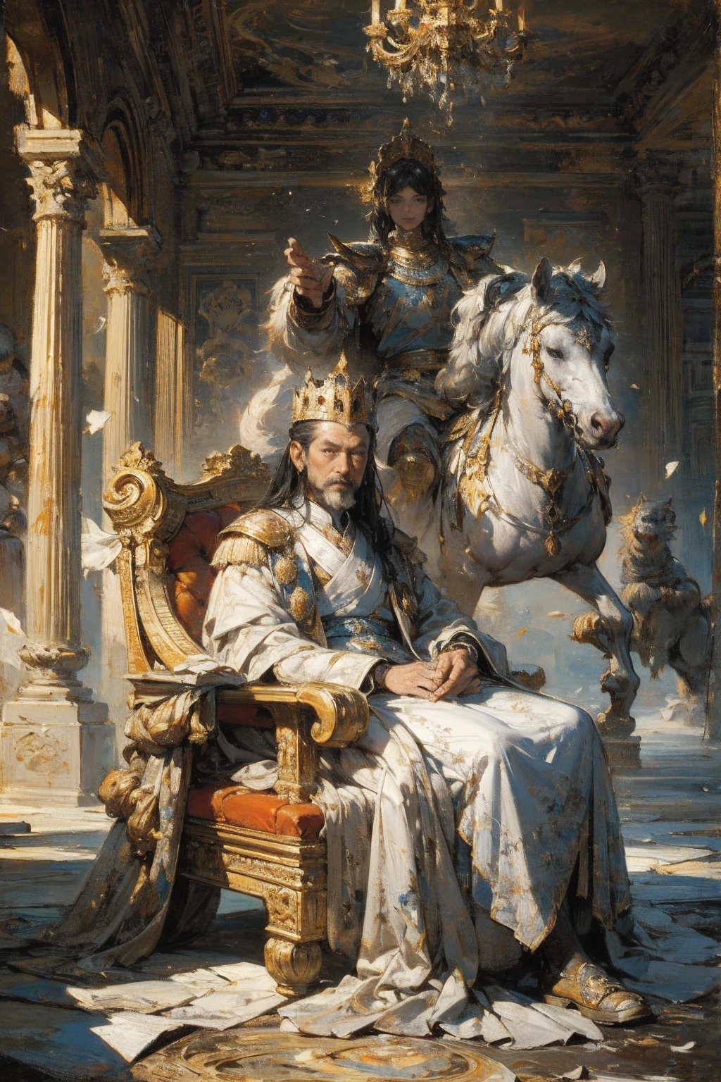 The ancient palace is located above the clouds, The main hall of the royal palace , emperors are seated on thrones ,The majestic 、 with a magnificent face . knights kneel in front of them, Spectacular, Glazed tiles, Colorful light, ((( scattered ink )), (( scattered ink }), masterpiece, high quality, Exquisite Graphics, High detail: