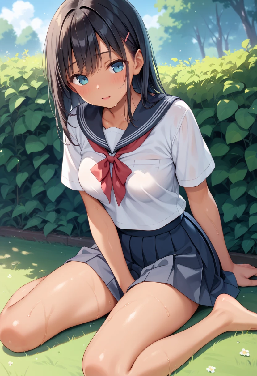 masterpiece, ultra quality, ultra sharp, ultra detailed, 1girl, solo, (good anatomy), haduki kurumi, (tattered torn dripping wet white gym shirt), navy gym pants, animal ears, randoseru, name tag, Japanese anime pose, laugh, BurumaShorts, Buruma, Gym Uniform, (((lying:1.4, spread_legs, legspread, split_legs, spreading legs)), (randoseru backpack:1.4), (((nose blush))):1.4,  blue buruma,  (cameltoe), (tattered torn short sleeve white gym uniform with colored hem), (tiny nipples), (white long loose socks), strong lighting, legspread, bukkake, cum on clothes, cum on legs, cum on buruma, cum on bloomers,