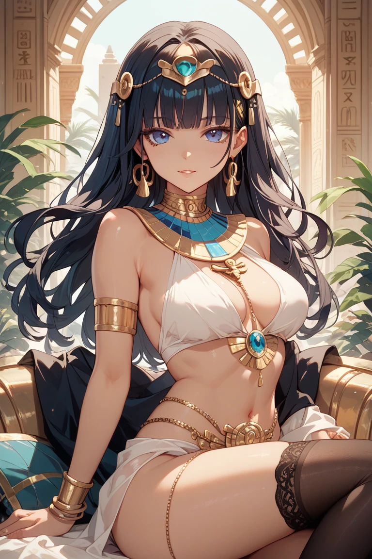 1girl, (masterpiece), best quality, expressive eyes, perfect face, ((arafed woman in a gold ancient egypt costume)), girl in egyptian ruins, egypt themed art, egyptian princess, egyptian art, egyptian, egyptian atmosphere, temples behind her, ((golden ancient egyptian clothes)), ((golden ancient egyptian clothing)), ancient egypt art, blue eyes, black hair, (blue colored inner hair), medium size breast, long hair