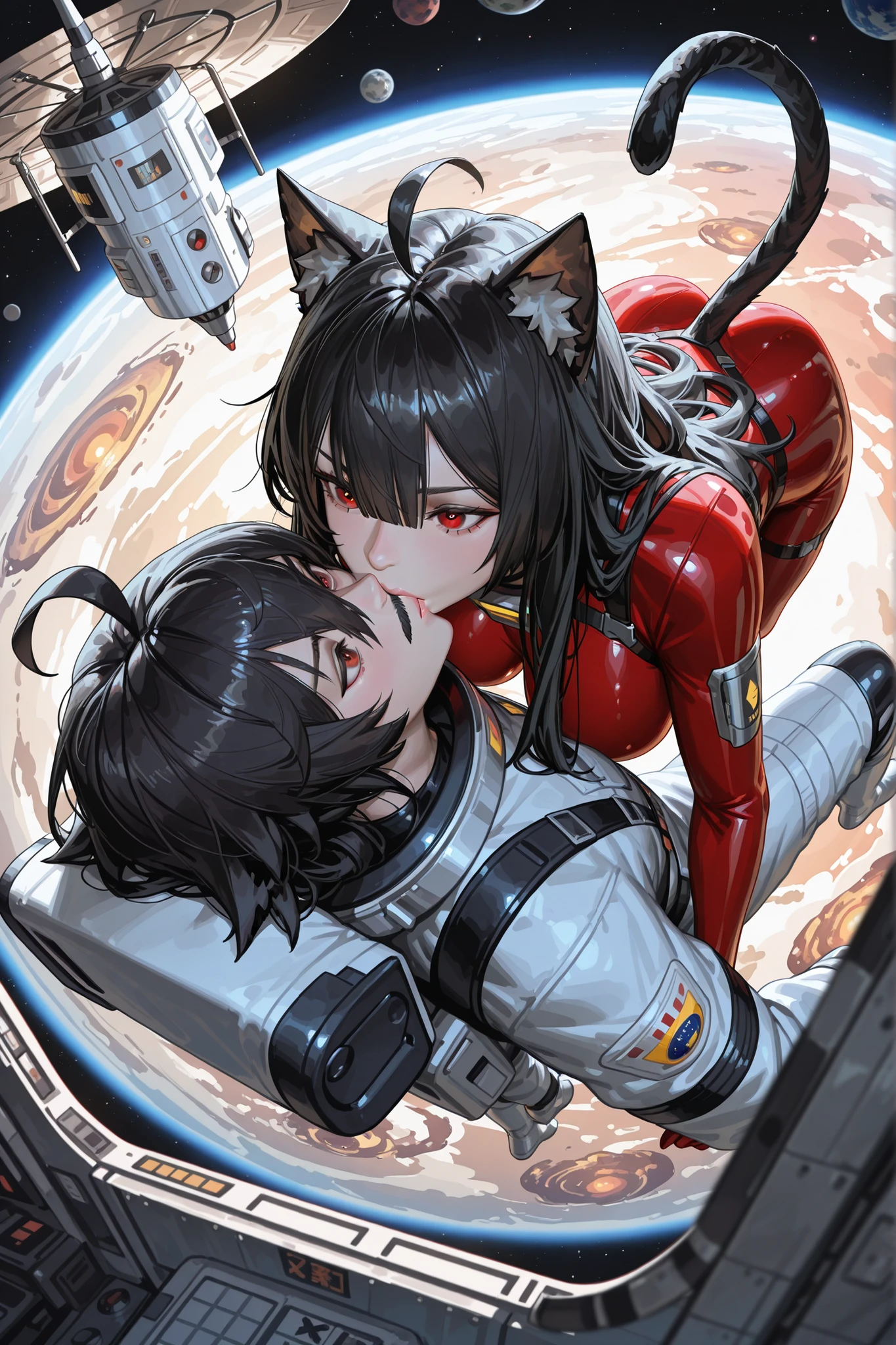 Absurd resolution, high resolution, (masterpiece:1.4), ultra-detailed, artwork in the style of guweiz, 1girl big breasts, ((cat girl)) (( black hair, Ahoge, straight bangs,, hair between eyes,)), Long hair, ((beautiful red eyes)) sharp eye, Beautiful skin, extremely nice body, pretty face, and A young man with long-length black hair, messy hair combed back without bangs, with dark brown eyes and a serious expression, with a little beard and a separate mustache, . ((hetero kiss)), in a spacesuit, seen from above, space, floating, satellite, outer space operation, wide-angle lens distortion