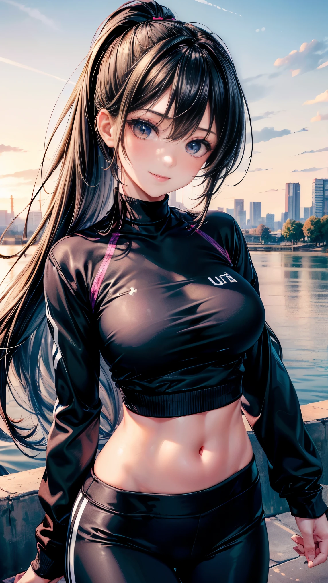 One Cute, American 20 year old female, that is 5 foot 8 inches. That has big tits, that has a thin waist, with long brown hair, with her body facing the camera wearing some tight sweatpants and a skin tight shirt.