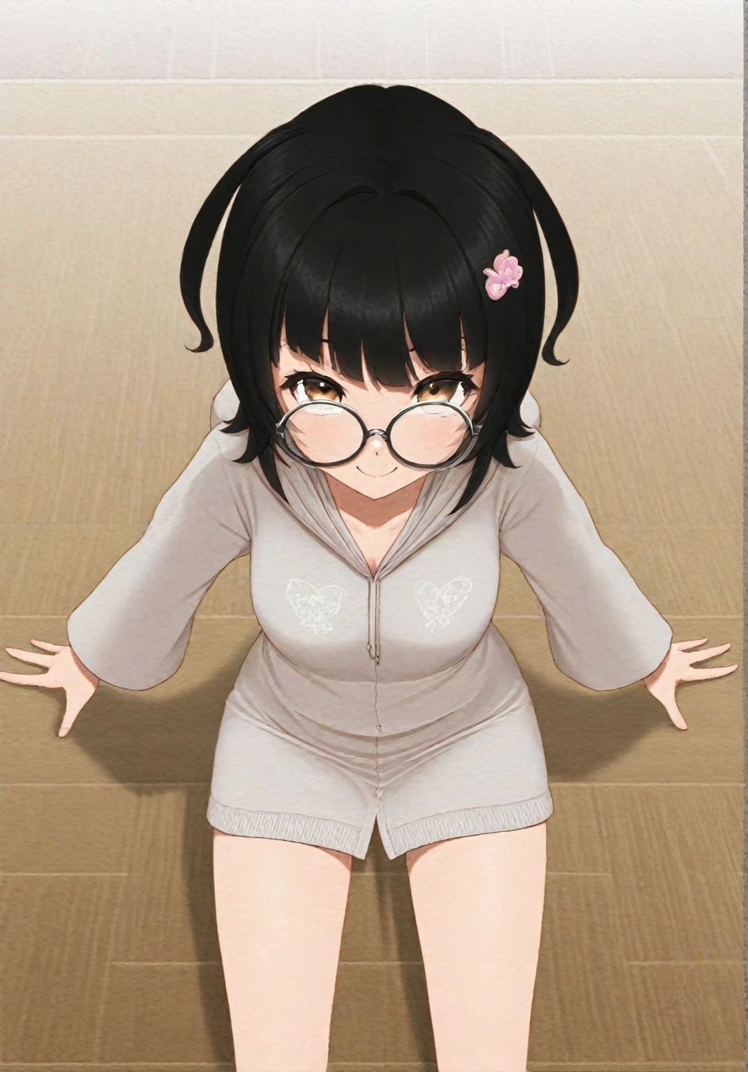<lora:sdxl-sega-fujimiya:0.8>, fujimiya, 1girl, copper eyes, underrim-eyeglass, dark brown hair, short cut, sidelocks, bang, Smiling , pink track suit , beige pantyhose, downcast look nose blush
