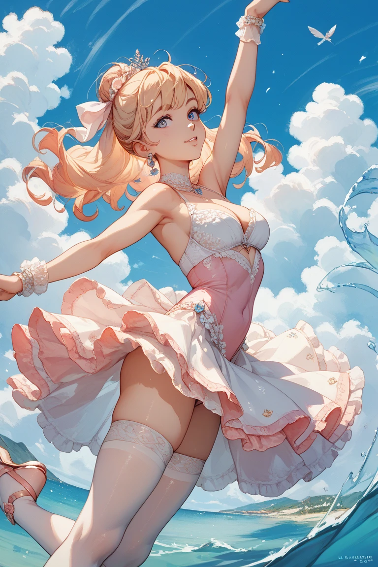 Best quality, tmasterpiece, Incredibly beautiful, very elaborate 8K wallpaper, otherworldly beautiful girl, , (White skin of the), (blonde hair pink gradient hair), Side pony, intermittently, Open your mouth and laugh, Long eyelashes, cosmetics, One eye open, (zoomout, bigger, BigREAK, 夏天, Beachy, (比基尼), Reflection in the water, (Floating water drops blur foreground), (blue-sky), lens flare glow, (water splash), rays of sunshine,