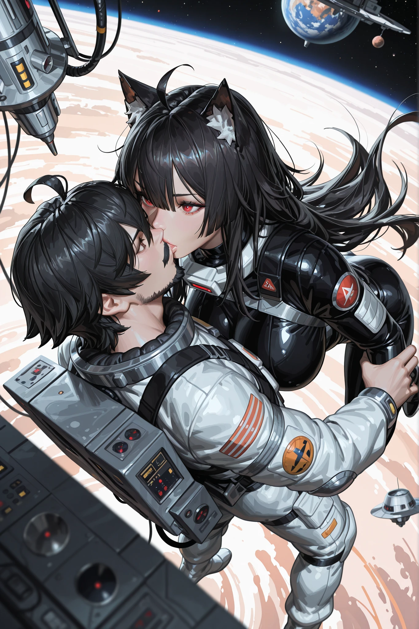 Absurd resolution, high resolution, (masterpiece:1.4), ultra-detailed, artwork in the style of guweiz, 1girl big breasts, ((cat girl)) (( black hair, Ahoge, straight bangs,, hair between eyes,)), Long hair, ((beautiful red eyes)) sharp eye, Beautiful skin, extremely nice body, pretty face, and A young man with long-length black hair, messy hair combed back without bangs, with dark brown eyes and a serious expression, with a little beard and a separate mustache, . ((hetero kiss)), in a spacesuit, seen from above, space, floating, satellite, outer space operation, wide-angle lens distortion