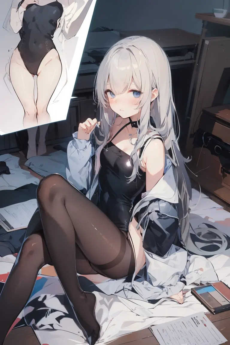 Solo Girl,Sitting、On the bed,,Silver Hair, Blue inner color hair,Long Hair, blue eyes, A decent chest、Thin shirt、Transparent shirt、Spread your legs、Leg spread、Very detailed, Absurd, Ultra-high resolution, Super detailed, Highest quality, thin, cute, Perfectly symmetrical face, 超cute girl, 超cute face, Very detailed目, Super detailedな髪, 超cute, Super beautiful、looking at the camera、night、dark、Sweaty、first round、Crotch-revealing pose、imprisonment、((His hands are chained above his head)),Hands are chained above the head、Hands are hanging,A little reluctant,Confused eyes,Beautiful hands