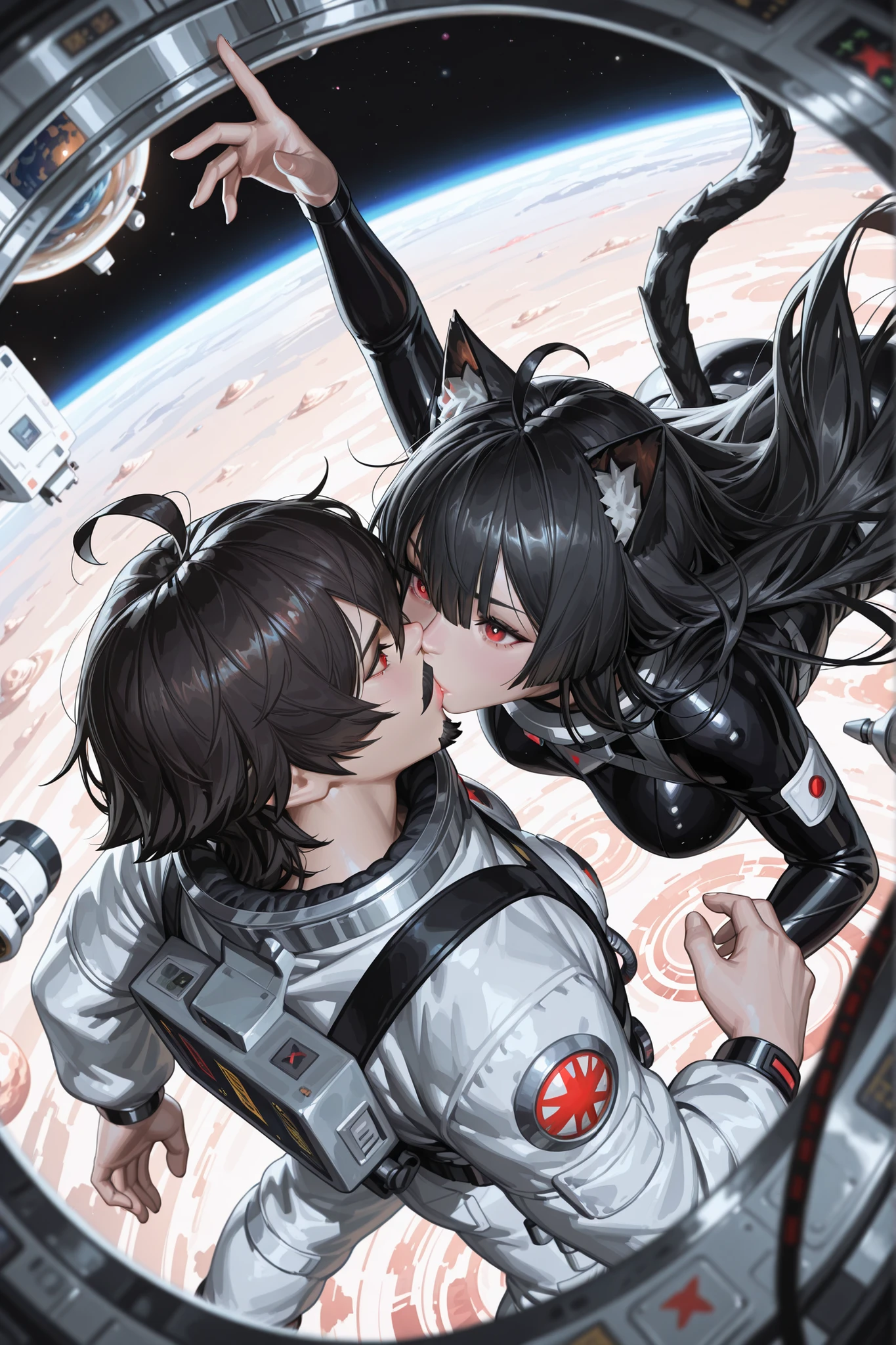 Absurd resolution, high resolution, (masterpiece:1.4), ultra-detailed, artwork in the style of guweiz, 1girl big breasts, ((cat girl)) (( black hair, Ahoge, straight bangs,, hair between eyes,)), Long hair, ((beautiful red eyes)) sharp eye, Beautiful skin, extremely nice body, pretty face, and A young man with long-length black hair, messy hair combed back without bangs, with dark brown eyes and a serious expression, with a little beard and a separate mustache, . ((hetero kiss)), in a spacesuit, seen from above, space, floating, satellite, outer space operation, wide-angle lens distortion