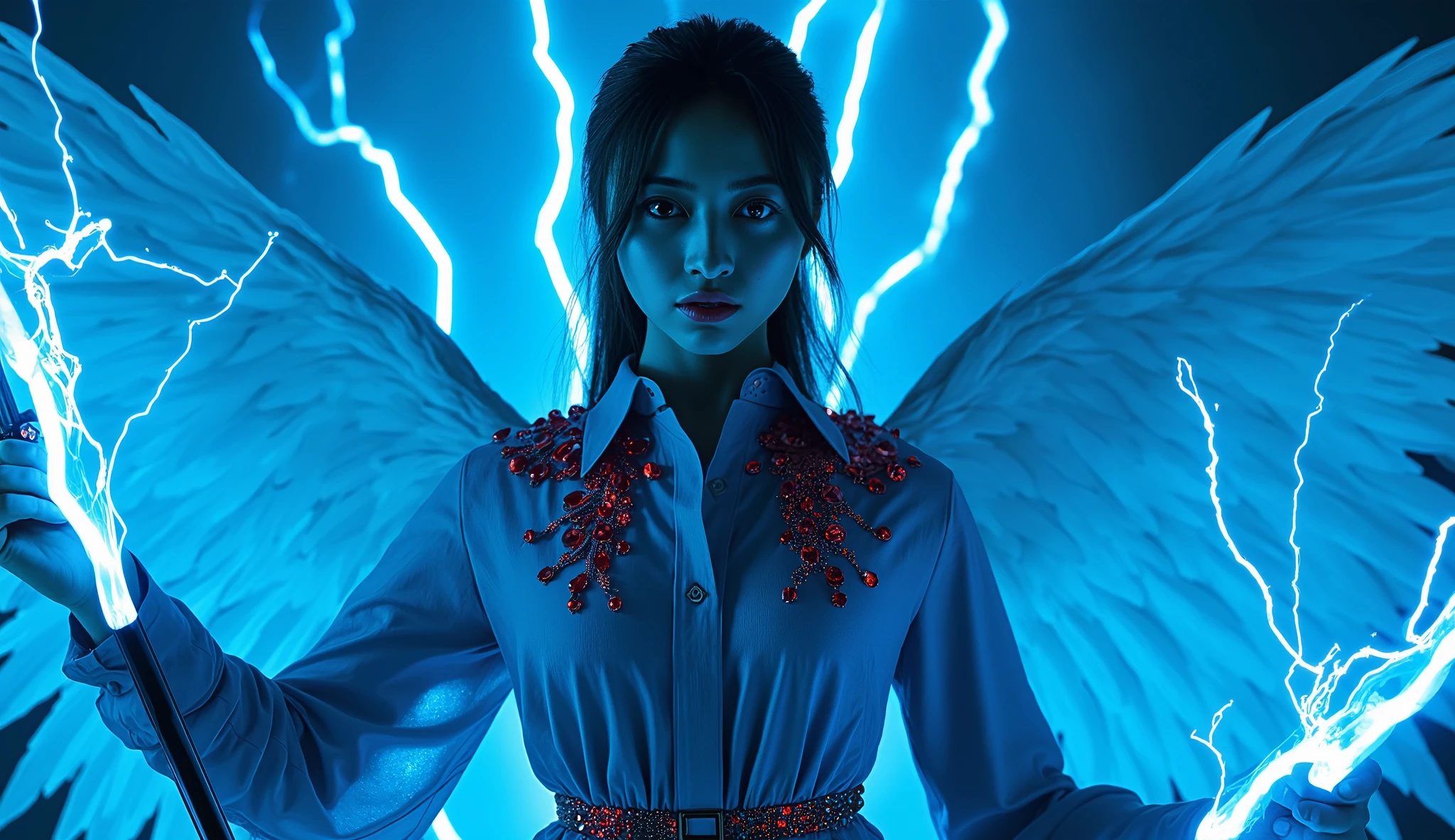 with the flash effect of bright blue lightning, clearly showing a woman with two weapons in Animamama Reaper's Scythe Visible {x} long shirt with black sparkling red gemstone embellishments and details, 。Also、bright blue lightning bolt , pencahayaan dramatic yang intens, cinematic high angle view , Epic Fantasy, bright color , dramatic, ( of the best quality , 4K,8k, high definition, masterpiece : 1.2), in detail, ( realistic , Photorealism, foto- realistic : 1.37), wajah dan mata yang in detail, cinematic high angle view , beautiful nose detail , long eyelashes , beautiful lip detail , There are wings behind the body , with the flash effect of bright blue lightning .