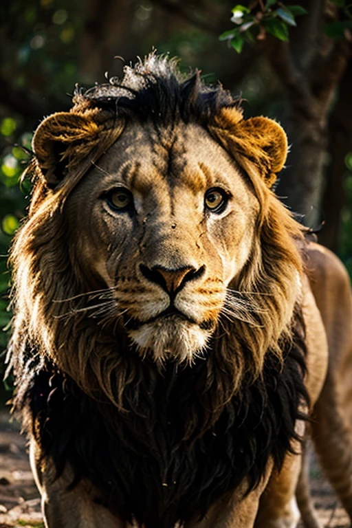 The face of a towering African lion, com detalhes de sua pelagem, Under sunset lighting, ultra detalhada, ultra realista