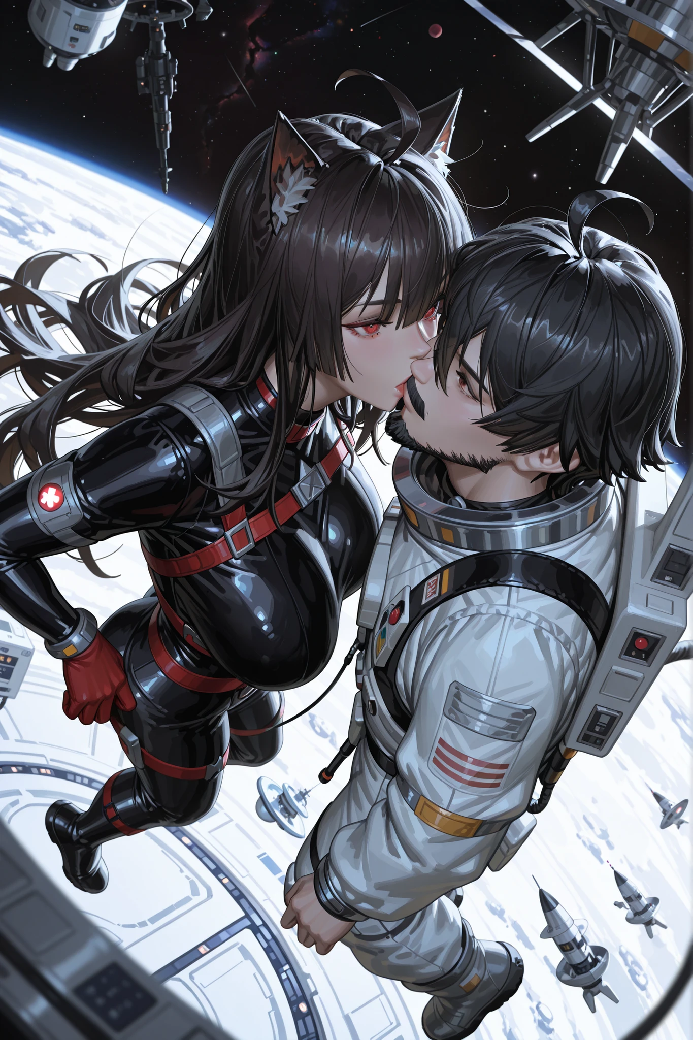Absurd resolution, high resolution, (masterpiece:1.4), ultra-detailed, artwork in the style of guweiz, 1girl big breasts, ((cat girl)) (( black hair, Ahoge, straight bangs,, hair between eyes,)), Long hair, ((beautiful red eyes)) sharp eye, Beautiful skin, extremely nice body, pretty face, and A young man with long-length black hair, messy hair combed back without bangs, with dark brown eyes and a serious expression, with a little beard and a separate mustache, . ((hetero kiss)), in a spacesuit, seen from above, space, floating, satellite, outer space operation, wide-angle lens distortion