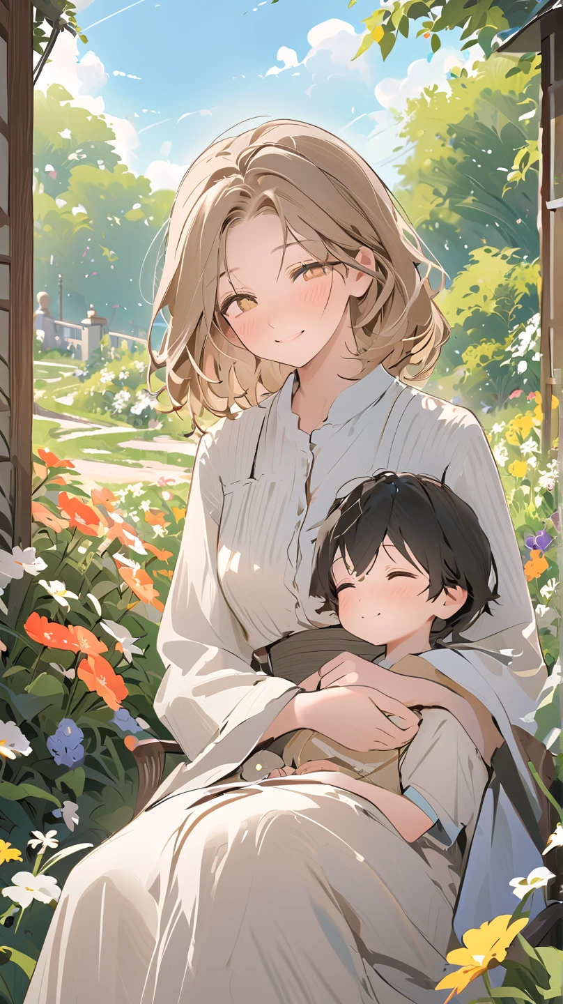 Mother and son, ddler, in the park, sitting on a bench, cuddling, mother holding son close, embrace, closed eyes