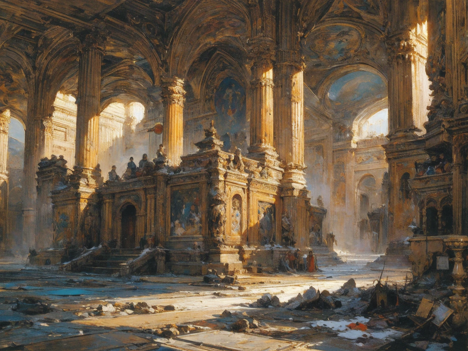 The ancient palace is located above the clouds, The main hall of the royal palace , emperors are seated on thrones ,The majestic 、 with a magnificent face . knights kneel in front of them, Spectacular, Glazed tiles, Colorful light, ((( scattered ink )), (( scattered ink }), masterpiece, high quality, Exquisite Graphics, High detail: