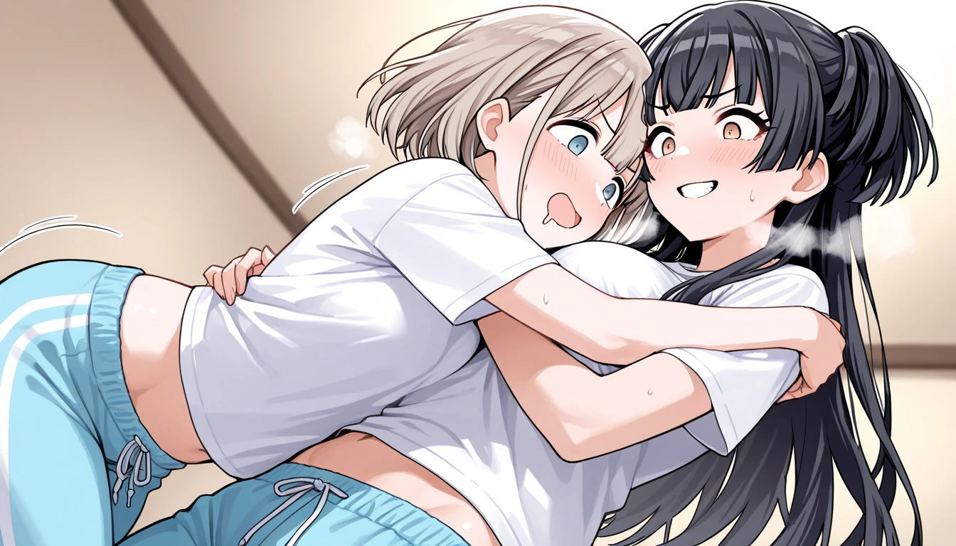 2girl,yuri,masterpiece, best quality, high resolution, latest,  shiny skin, The Idolmaster Shiny Colors,fuyuko,,汗,blush,,drooling,,heavy breath,,looking down,,grab breast,,,panties,bouncing breast motion line, furrowed brow,grin,open mouth,更衣室,brake,asahi serizawa asahi,水色のジャージ, 水色のジャケット,開いたジャケット,white shirt, pants, t-shirt, light blue pants, track pants, sweatpants,open mouth,low angle,母性,hug,驚いた,constricted pupils 