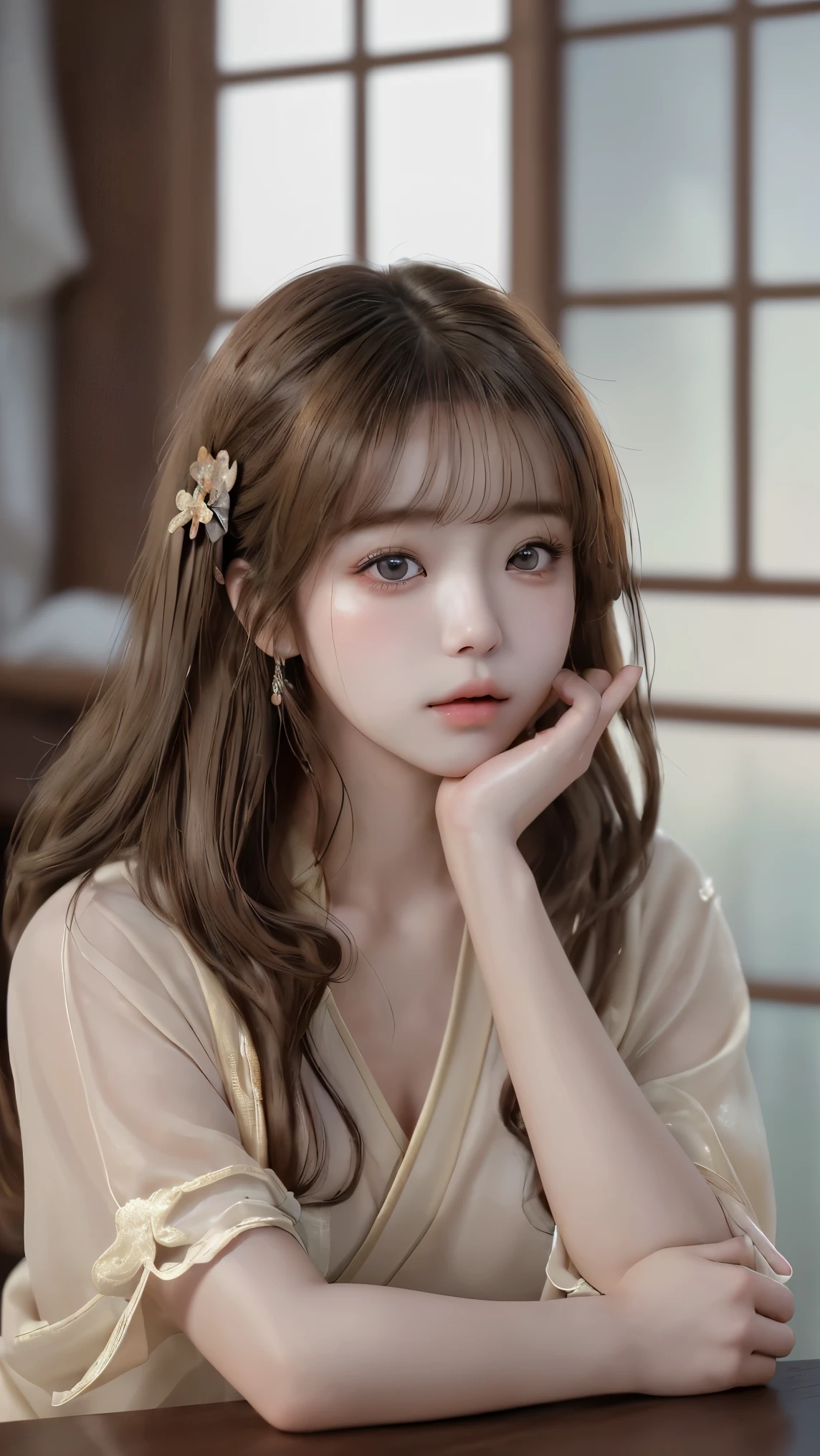 Japanese,20-year-old female,yuruyin kya x former idol,a bit照れくさい,Tends to look away,with a modest, introverted expression,Loose knit,cute style with a sense of looseness,Lightly curled hair,a bit無造作感,long brown hair, natural color,a bit,high definition,Excellent Details,realistic,3d rendering,natural light,Atelier Lighting,portrait,grace,Elegant,delicate,Blur effect,Brilliant Color,Dynamic Range,high quality