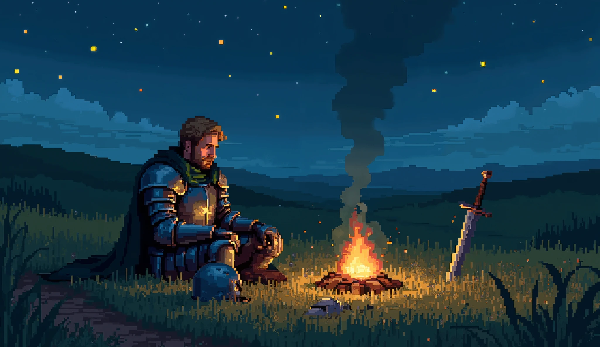 A lone medieval knight sits on a grassy field at night, resting beside a small, crackling bonfire. His armor is battle-worn, reflecting the warm glow of the fire. A tattered dark green cape drapes over his shoulders as he leans forward, lost in thought. His helmet rests beside him on the soft grass, showing signs of past battles.
Nearby, a longsword is plunged into the earth, its blade shimmering with a faint magical glow. The open field stretches into the distance, with rolling hills barely visible under the moonlight. A gentle breeze sways the tall grass, illuminated by the flickering firelight. The sky is deep blue, filled with twinkling stars, and a few wisps of clouds drift lazily. Fireflies hover around, adding a mystical touch.
The pixel-art style is reminiscent of classic RPGs, blending warm and cool tones to create a peaceful yet slightly melancholic scene. The knight appears as a weary traveler, taking a moment to rest before continuing his long journey