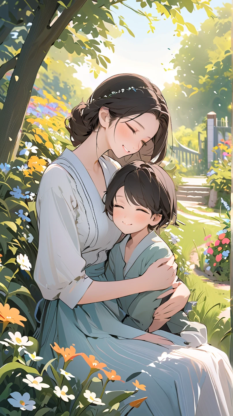 score_9, score_8_up, score_7_up, source_anime, 1boy, 1girl, mature female, mother and son, ???, hug, smile, hand on head, kneeling,