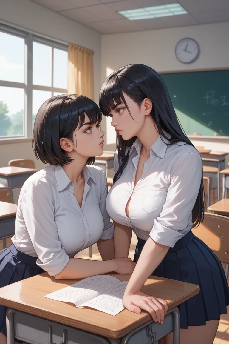 Two beautiful nude anime women with short messy hair, large breasts, kissing passionately inside a giant coffee cup on top of a giant table
