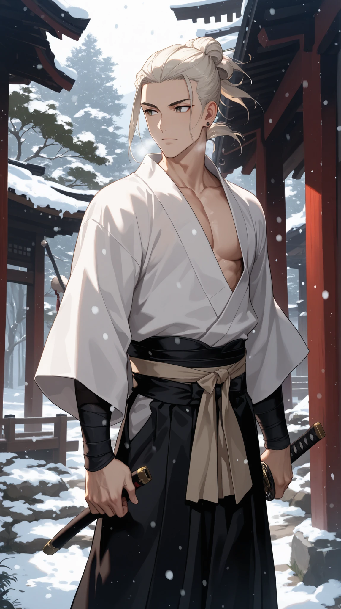 solo, 1boy, holding, closed mouth, jewelry, standing, male focus, weapon, outdoors, earrings, japanese clothes, day, sword, kimono, holding weapon, hair bun, tree, looking to the side, sash, holding sword, pectorals, katana, sheath, hakama, hakama skirt, snow, white kimono, snowing, black hakama