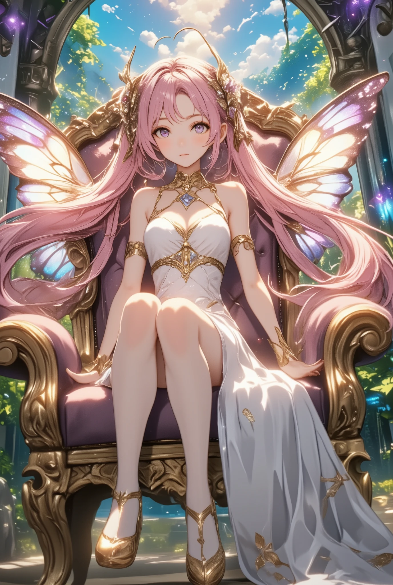 ((meilleure qualité)), ((chef-d'œuvre)), (détaillé), visage parfait, anime child girl, slender yet graceful physique, delicate wings reminiscent of the Seraphim, and perhaps, hints of scales or aquatic patterns, refined and angelic face, yet with a touch of exotic charm, mesmerizing mix of green and shining golden hues in the eyes. flowing and ethereal hairstyle, Long, wavy pink locks with a mix of the blue-purplish and light red hues, subtle iridescent highlights into her hair, catching the light in a way that hints at her celestial origins. Her attire is an ethereal gown blending deep blues, purples, reds, and gold. The fabric shimmers with an iridescence, adorned with celestial and aquatic motifs. She wears a tiara with celestial gems and translucent wings, and her sandals leave an otherworldly trail.