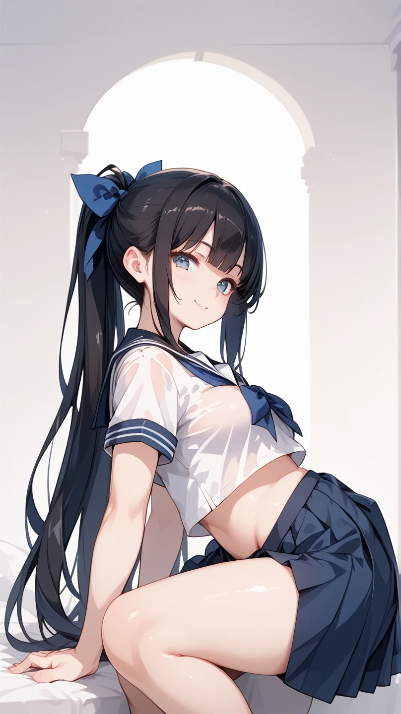 (masterpiece、Highest quality、Very detailed))、One girl、Black Hair、Long Hair、twintails、blunt bangs、Light blue eyes、((tears))、((blush))、Small breasts、((serafuku))、((kirt lift))、Short sleeve、((white panties))、Cowboy Shot、Shoot from below、Classroom Background