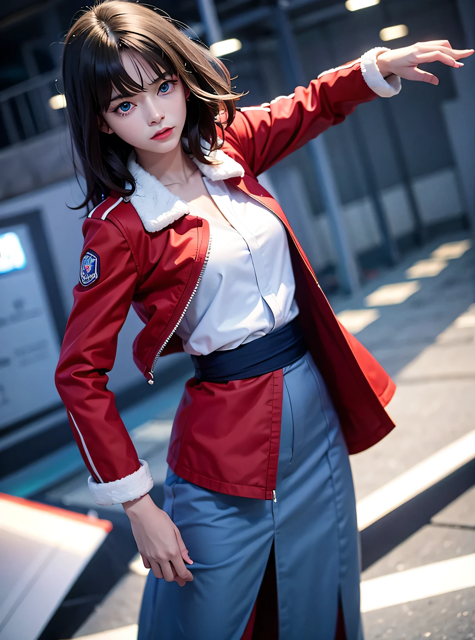 real woman、masterpiece, of the highest quality, high image quality, Khimshiki , short hair, stupid hair, red jacket, blue eyes, blue kimono, take off your clothes, fur trim, Multicolored eyes, Cowboy Shooting, outdoor, Night ,1 girl, solo, high definition, long hair, blue eyes, とてもlong hair,
