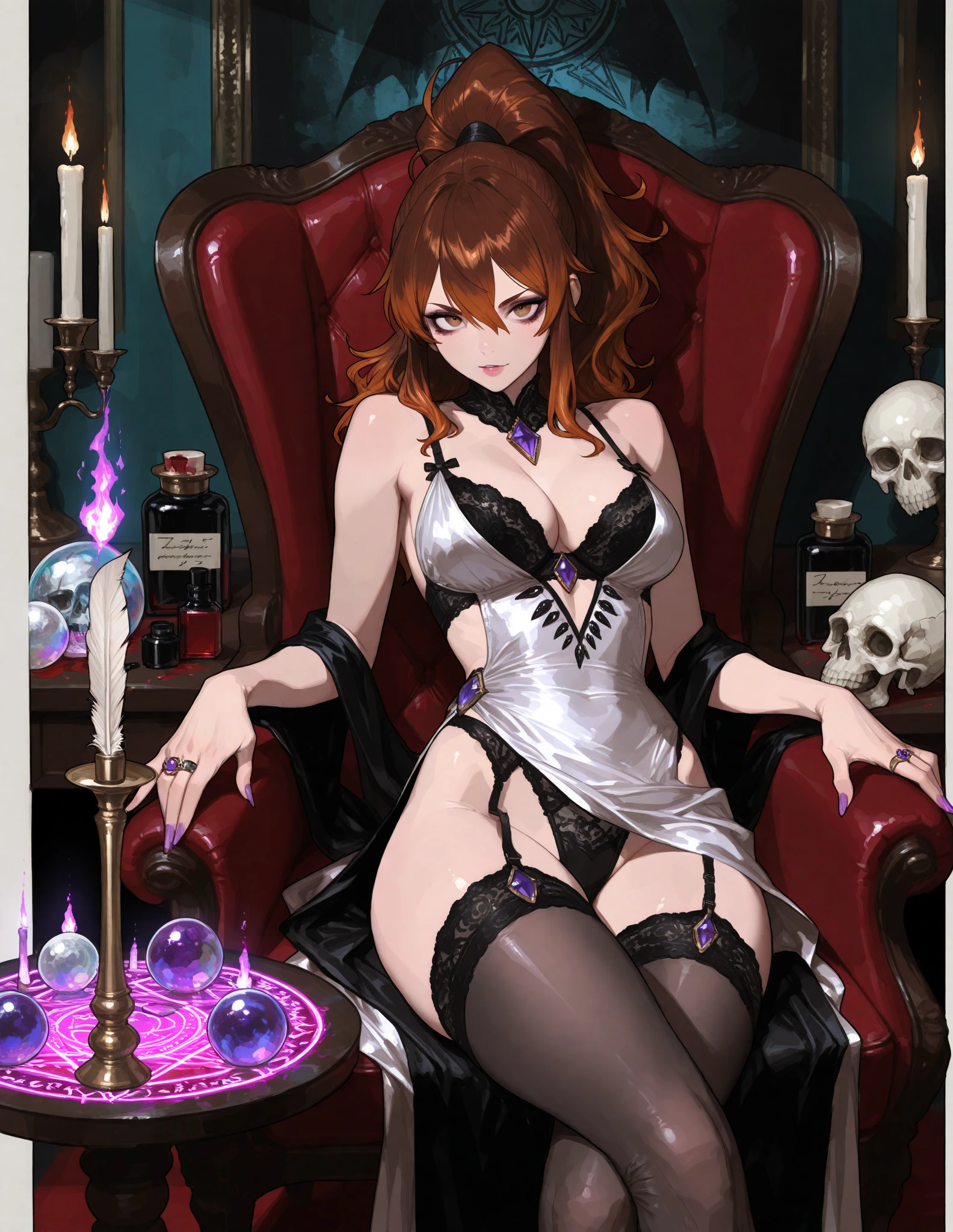 ((highest quality)), ((masterpiece)), (be familiar with), Perfect Face、The Enchanting Body of Celica（FE）、Red hair、The perfect proportions、semi-long、necklace、Bangles、Caster wheel、Luxury Accessories、first round、Fallen into evil、Skeleton Fall、Blank look、Skull engagement ring、empty eyes、Eyes with lost highlights、Lifeless Eyes、Expression in love、Dark Room、Red magic circle on the floor、A large number of Skeleton Candelabras and candles、darkness、A large number of skull objects、Big magic circle on the floor、Skeleton Candelabra、Luxury Jewelry、Skeleton Crown、Large skull pendant、Bone ornaments、Skull Accessories、Temple of the Skeletons、Skeleton Crown、The 70-year-old Skull King is a man、A ton of skeletons、pregnancy、Last month of pregnancy、completely naked、naked、Becoming a bony body、７０The 20-year-old Skull King is my husband、７０Become the wife of the 20-year-old Skull King、７０A friendly pairing with the aged Skull King、７０Cuddling with the old man Skull King、７０Old man Skull King is a skeleton、Black bed with luxurious bone decor、Wear a skeleton on your head、incorporated into bones、Bed In、Making love in bed with 70-year-old Skull King、７０Being petted by the old man Skull King、Embracing and deep kissing 70-year-old man Skull King、７０Old man Skull King fondles her breasts and touches her pussy while deep kissing her、I love the 70 year old man Skull King、70-year-old man hugs Skull King、Take off your clothes、Everything except the face becomes a skeleton、Bedroom、completely naked、female１people and man１people、Holding the baby,Family photo、Marital harmony