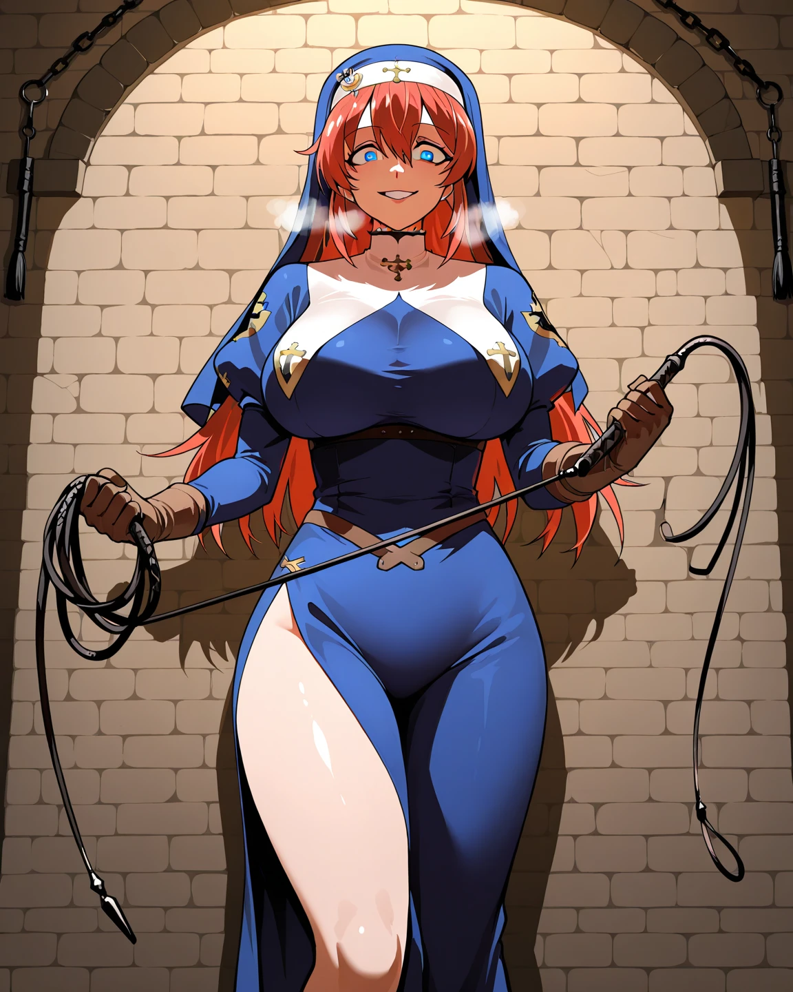 ultra-detailed, Explicit, Beautiful body, Beautiful Nose, Beautiful character design, perfect eyes, perfect face, ultra highres, 4K, beautiful legs, perfect legs, Nice hands, Perfect hand, Masterpiece, Best Quality, Highly detailed, illustration, absurdres, street fighter, doll suit, shadaloo doll, dollsuit, 1girl, solo, expressionless, blank eyes, looking at viewer, red gloves, emotionless, black latex, corrution, mind control, female combatant, full body, hypnotized, unhappy trance, full body suit, ribbed bodysuit, both arms at side, obey, perfect female body, extremely glossy latex, hypnosis, hypnoLora, empty eyes, Mind control device, poses, submissive_pose, Slave, hat, necktie, sitting up straight, sitting, sitting at attention, hat, necktie, belt, latex, ribbed bodysuit, thighhighs, garter belt, Fighting Stance, extending the right arm from the shoulder into the air with a straightened hand, nazi saluting, military, military saluting, salute, thigh boots, Perfect anatomy, perfect hand, perfect finger, Yu-Gi-Oh!, minerva the exalted lightsworn, brown hair, blue eyes, very long hair, wing, staff, hood