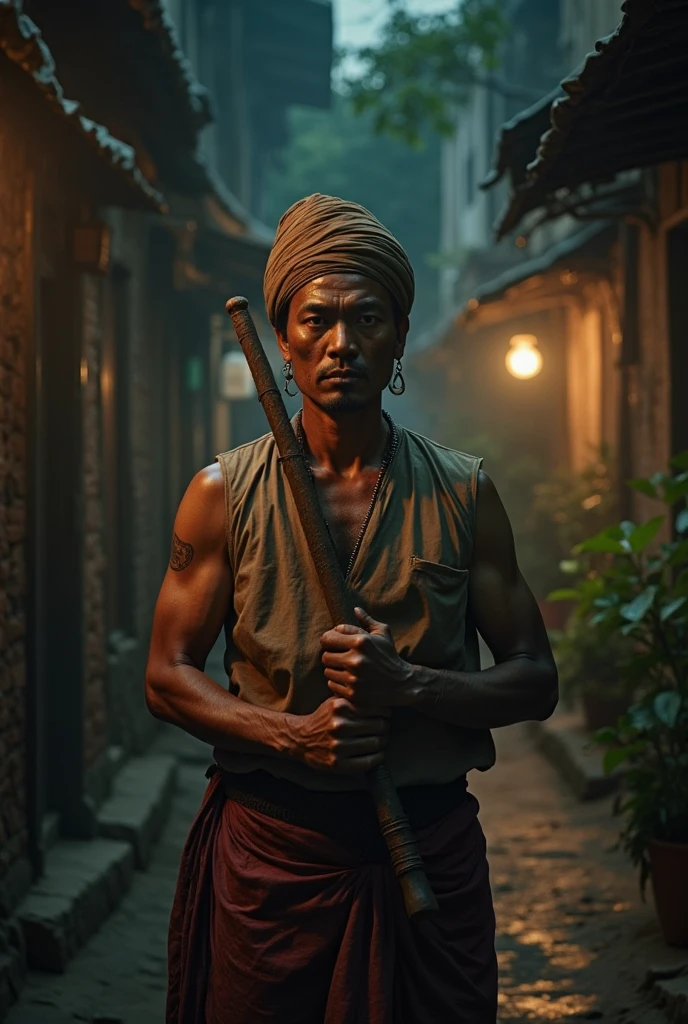3D Pixar poster, a man holding a machete and wearing a sarong, wearing a black cap on his head and chasing a running goat, set in front of the Indonesian government's central parliament building 